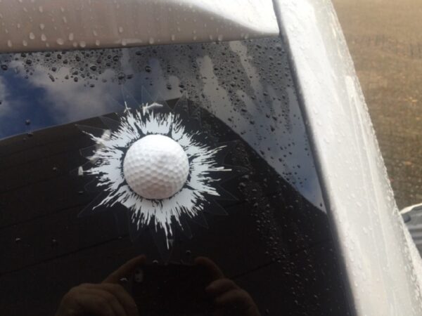 Golfbal door ruit